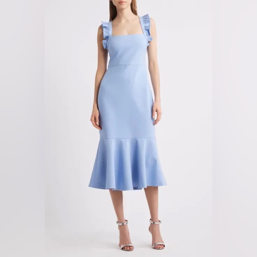 Likely Hara‎ Ruffle Strap Midi Dress Size 8 Light Blue Fit & Flare Cocktail